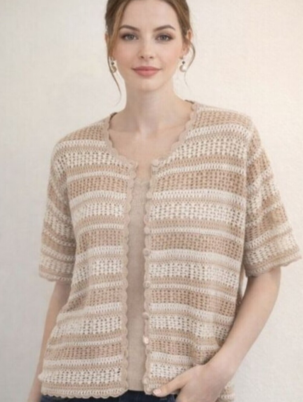 Croft & Barrow Striped Crochet Short Sleeve Cardigan With Built In Tank Top